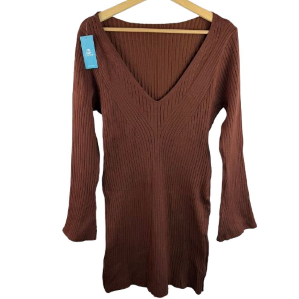 Cupshe Ribbed Stretch Mocha Brown Knit V Neck Sweater Dress Size XL NWT